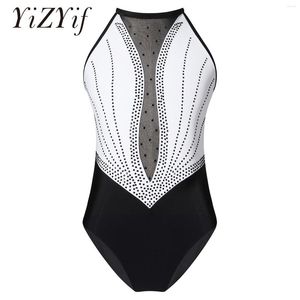 Stage Wear Kids Girls Ballet Dance Leotard Sleeveless Gymnastics Workout Bodysuit Shiny Rhinestone Hollow Back Slim Fit Costumes