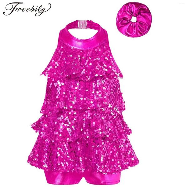 Porte des enfants Girls Ballet Terrave Robe moderne Jazz Latin Dance Gymnastique Costume Halter Body à paillettes brillantes avec hair Band Dancewear