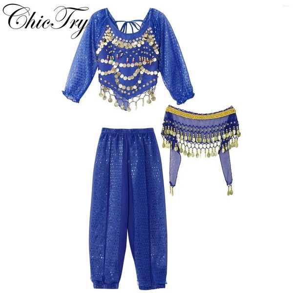 Stage Wear Enfants Filles Costume de danse du ventre Inde Princesse arabe Cosplay Outfit Crop Top Pantalon Glands Chaîne Hanche Écharpe Performance