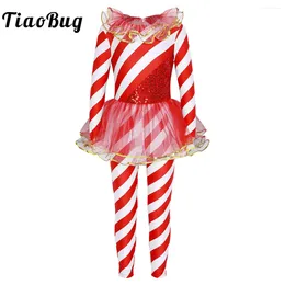 Stage Wear Enfants Filles Candy Cane Costume De Noël Rayé Paillettes One Piece Vacances De Noël Santa Sweetie Body Combinaison Unitard Dancewear