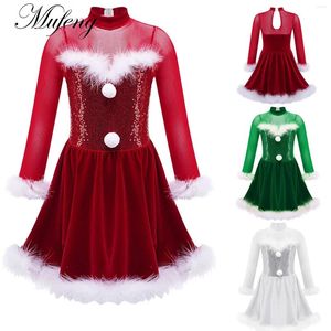 Stage Wear Enfants Filles Candy Cane Mme Santa Claus Costume Brillant Paillettes De Noël Danse Figure Patinage Sur Glace Tutu Robe Justaucorps Dancewear