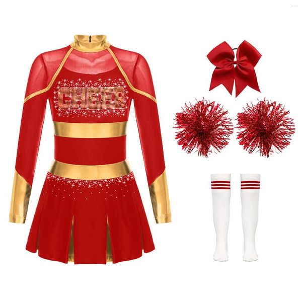 Stage Wear Enfants Filles Cheerleading Costume Glittery Strass Métallique Manches Longues Robe Plissée Bowknot Chapeaux Fleurs À La Main Chaussettes Ensemble