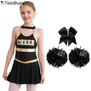 Stage Wear Enfants Filles Cheerleading Vêtements de danse Uniforme Lettre Imprimer Patchwork Robe sans manches Boules de fleurs Bowknot Chapeaux Tenues