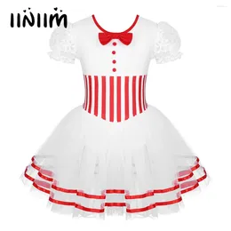 Stage Wear Enfants Filles Ballet de Noël Costume de danse lyrique Manches bouffantes Taille rayée Robe de patinage artistique Snap Twirling Justaucorps