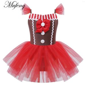 Stage Wear Enfants Filles Noël Gingerbread Man Costume Gymnastique Justaucorps Santa Robe Flutter Manches Ballet Tutu Dancewear