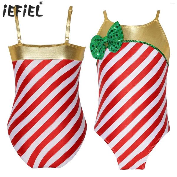 Stage Wear Enfants Filles Noël Rayé Combinaison Elf Party Santa Brillant Bowknot Body Gymnastique Ballet Danse Costume Leotard