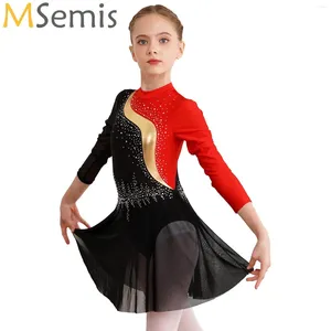 Stage Wear Kids Meisjes Kleurblok Ballet Dans Jurk Figuur Schaatsen Competitie Kostuum Strass Mesh Patchwork Jurken met lange mouwen