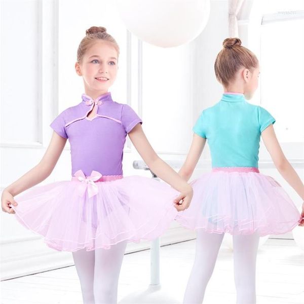 Stage Wear Enfants Filles Danse Justaucorps Chinois Noeud Bouton Ballet Tutu Costume Col Montant Costumes De Danse Tulle Jupe Set269o