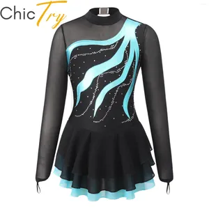 Stage Wear Kids Girls Figure Ice Skating Dress Long Sleeve Gymnastics Leotard Ballroom Ballet Dance Costume For Training Performance