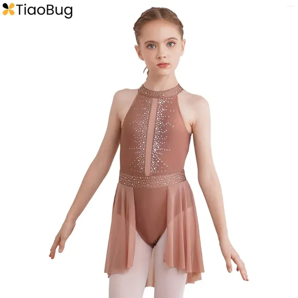 Stage Wear Enfants Filles Figure Robe de patinage sur glace sans manches strass Ballet Danse Gymnastique Tutu Justaucorps Costume de compétition