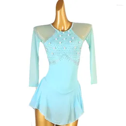 Stage Wear Kids Girls Figuur Skating Dance Dress Light Blue Rhinestone Mesh Ballet Gymnastics Tuchard Dessencedures