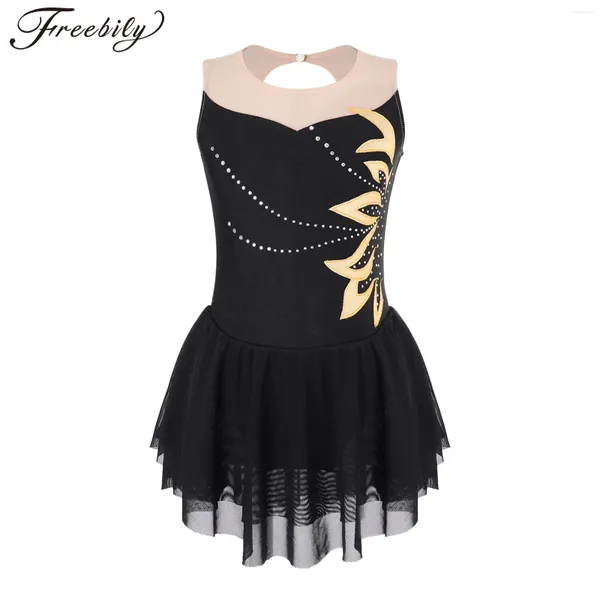 Stage Wear Enfants Filles Figure Patinage Robe Ballet Danse Rythmique Gymnastique Costume Sans Manches Brillant Strass Maille Justaucorps Dancewear