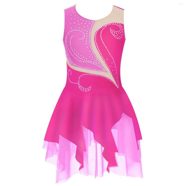 Desgaste de la etapa Niños Niñas Vestido de patinaje artístico Sin mangas Brillante Diamante de imitación Leotardo Tutu Ballet Danza Gimnasia Rendimiento Ropa de baile