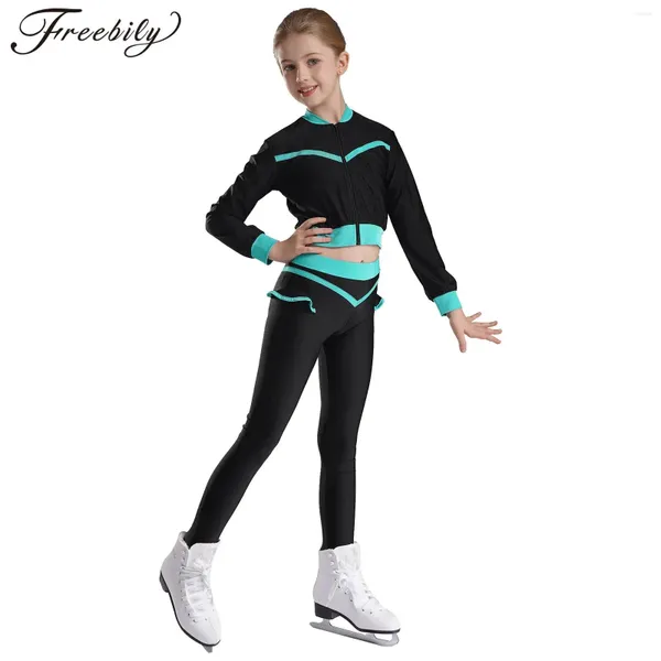 Ropa de escenario para niñas para niñas figuras de patinaje de patinaje brillante disfraces de hielo de diamantes de diez rhinestone chaqueta de manga larga y pantalones leggings