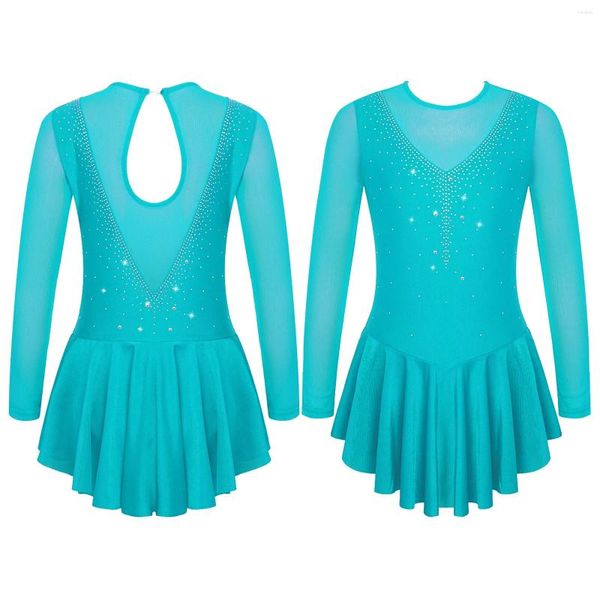 Etapa desgaste niños niñas figura patinaje tutú vestido ballet danza gimnasia leotardos manga larga Rhinestone malla rendimiento ropa de baile