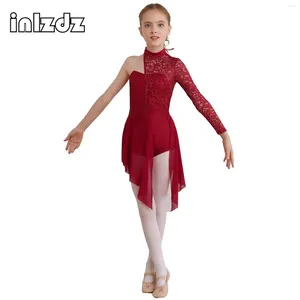 Stadiumkleding Kinderen Meisjes Bloemen Kant Moderne Lyrische Dans Jurk Asymmetrische Schouder Ballet Gymnastiek Turnpakje Latin Jazz Cha-cha Danskleding