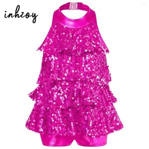 Stadiumkleding Kinderen Meisjes Glitter Pailletten Halter Ballet Dans Turnpakje Jurk Gymnastiek Jumpsuit Moderne Jazz Latin Salsa Rumba Kostuums