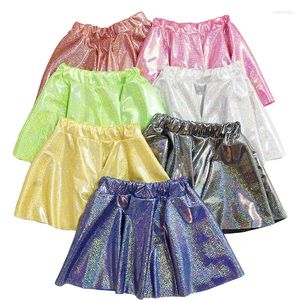 Stage Wear Kids Girls Glanzende rok metalen wijd uitlopende geplooide mini -dans glanzende hoge elastische hiphopkostuums voor kinderen