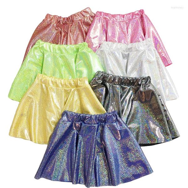 Vêtements de scène enfants filles jupe brillante métallique évasée plissée Mini danse brillant haute élastique Hip Hop Costumes pour enfants