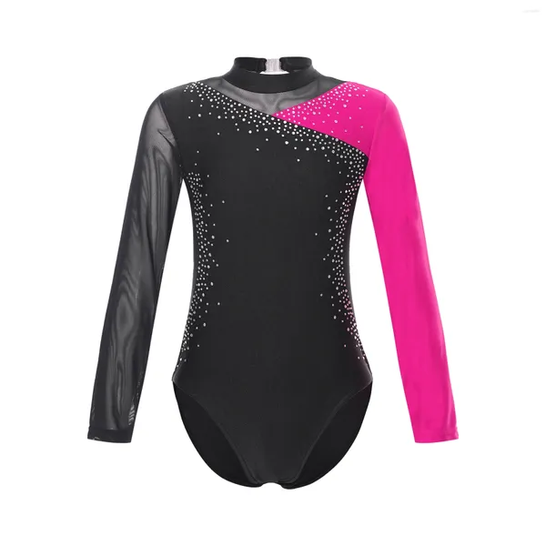 STAGE PEUR KIDS Girls Gymnastics Ballet Dance Costume brillant Rhingestone Skating Skating Mesh Mesh Long Manche à manches Bodys