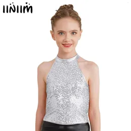 Stage Wear Kids Girls Gymnastics Jazz Dance Performance Tops Sparkling Pargin Halter Crop Top Mouwess Backless voor cheerleading