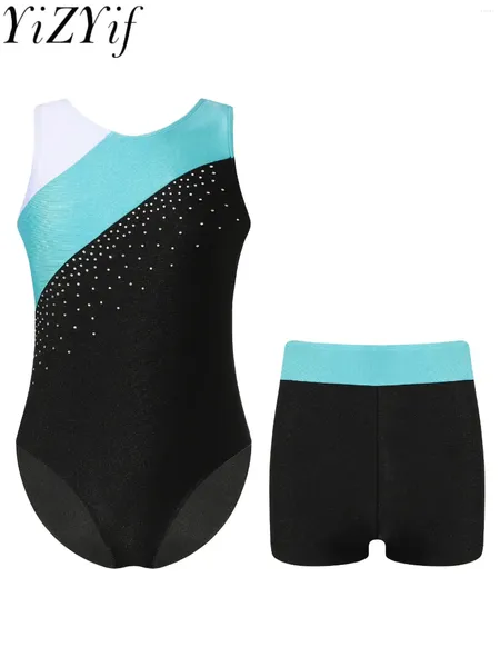 Stage Wear Niños Gimnasios Gimnasia Jumpido sin mangas de patinaje Leotard con pantalones cortos set Ballet Tutu Dance Performance Ropa de ejercicio Bodysuit