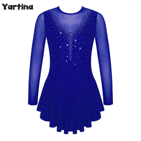 Stage Wear Niños Gimnasios Gimnatics Ballet Vestido de baile lírico Manga larga Redondeo V Skinestone Hollow Back Figura Patinaje