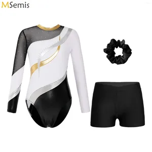 Stage Wear Kids Girls Lange Mouw Shiny Rhinestones Gymnastics Tuchard met shorts Hair Band voor schaatsen Ballet Dance Performance