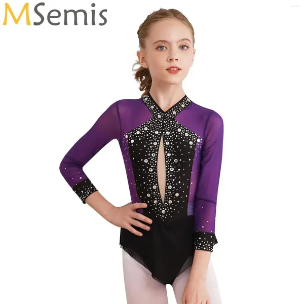 Portez des filles pour enfants strassons ballet danse robe de gymnastique de gymnastique body jupe à maille pour le patinage artistique costumes de performance