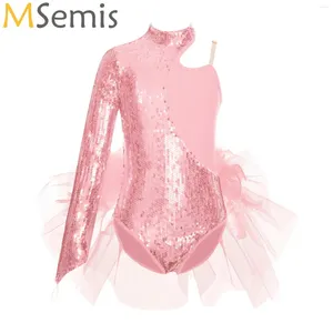 Stadiumkleding kinderen meisjes pailletten mesh tule rok unitard tutu balletdans ballerina kostuum een schouder mouw turnpakje bodysuit