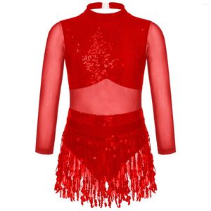 Stage Wear Enfants Filles Brillant Creux Dos Latin Jazz Ballet Salsa Robe De Danse Performance Costume Mesh Splice Manches Longues Fringe