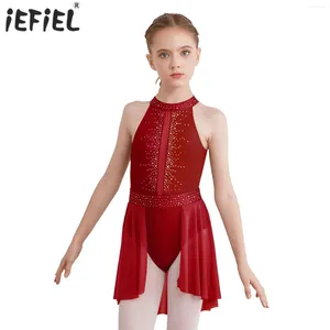 Stadiumkleding Kinderen Meisjes Glanzende Steentjes Kunstschaatsen Ballet Lyrische Dansvoorstelling Kostuum Mock Hals Uitsparing Terug Tutu Turnpakje Jurk