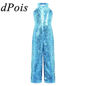 Stadiumkleding Kinderen Meisjes Glanzende Pailletten Gymnastiek Jumpsuit Romper Halter Hals Wijde Pijpen Broek Mouwloos Voor Verjaardagsfeestje Dansen