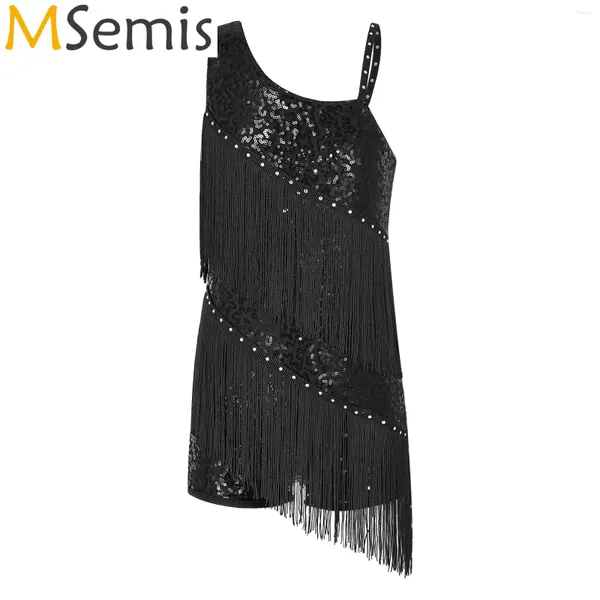 Ropa de escenario Niños Niñas Lentejuelas brillantes Rhinestone Mono Moderno Salsa Salón de baile Ropa de baile Borlas Pantalones cortos Fondo Latino Danza Leotardos Traje