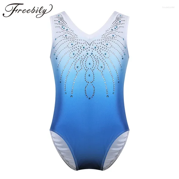 Stage Wear Enfants Filles Sans manches Brillant Strass Ballet Danse Gymnastique Justaucorps Maillot de bain une pièce Col en forme de V