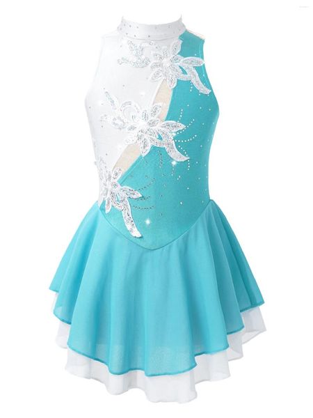 Stage Wear Enfants Filles Sans Manches Brillant Paillettes Ballet Contemporain Danse Moderne Robe Lyrique Floral Haut Bas Ourlet Figure Patinage Sur Glace