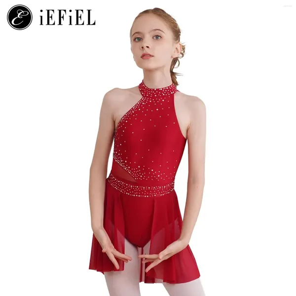 Escenario desgaste niños niñas brillante rhinestone halter figura patinaje sobre hielo vestido competencia traje danza gimnasia falda leotardo ropa de baile