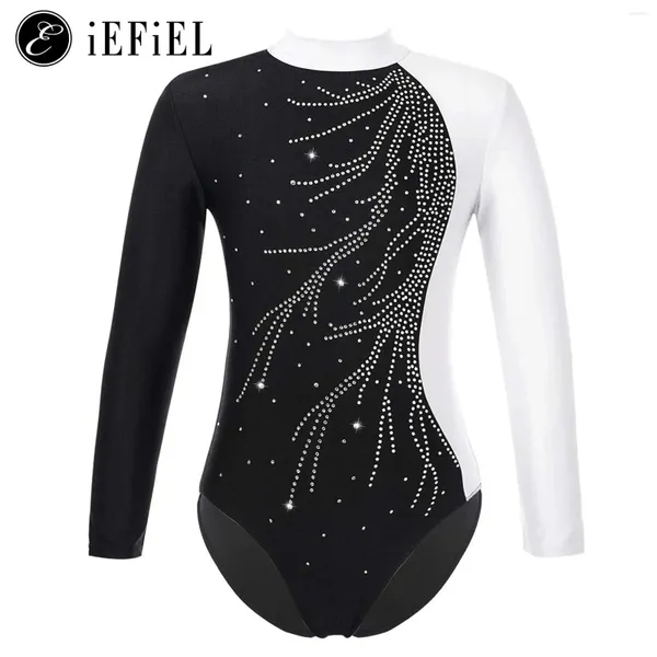 Stage Wear Enfants Filles Sparkly Paillettes Mock Cou À Manches Longues Keyhole Retour Danse Gymnastique Justaucorps Compétition De Patinage Sur Glace Costume Dancewear