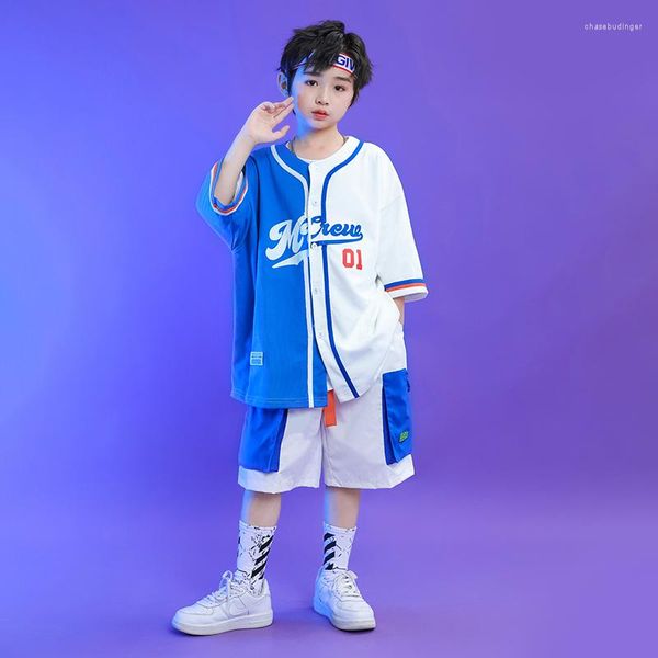 Ropa de escenario para niños, ropa de Hip Hop, camiseta de béisbol azul, Tops, pantalones cortos Cargo para niñas, niños, traje de baile de Jazz, ropa de calle para adolescentes