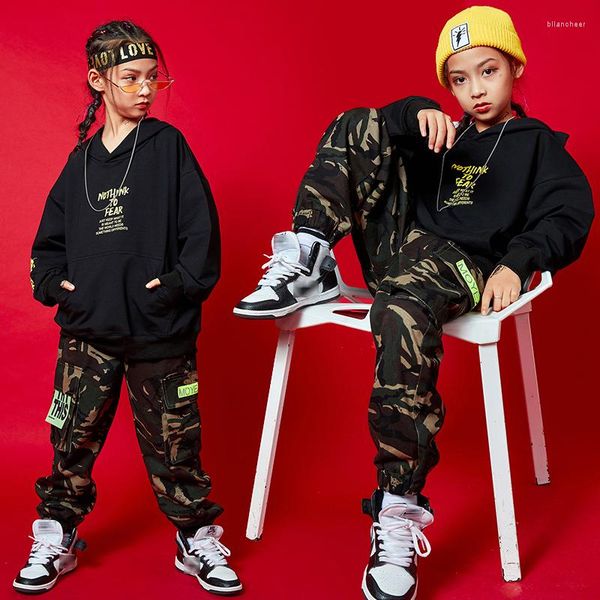 Desgaste de la etapa Ropa de hip hop para niños Niños Sudadera negra Tops Pantalones de camuflaje Traje de baile callejero Traje de jazz moderno BL5194