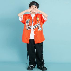 Stage Wear Kids Hip Hop Clothing Orange Oversized Cardigan Baseball Shirt Top Black Cargo Shorts For Girl Boy Jazz Dance -kostuumkleding