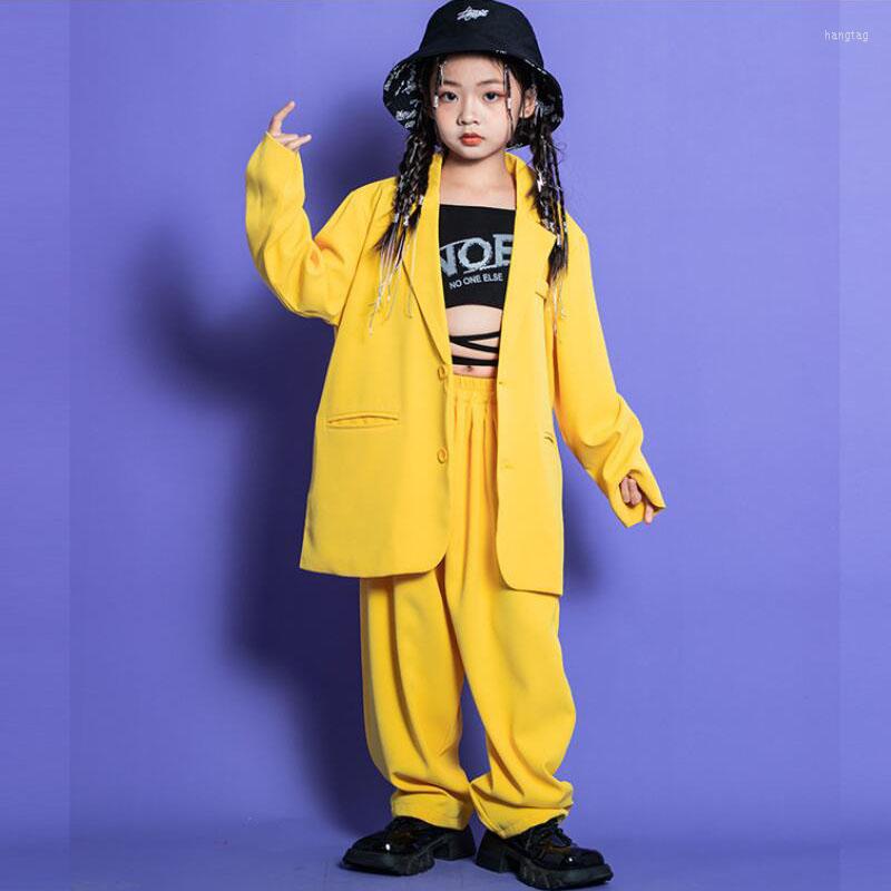 Sahne Giyim Çocuklar Hip Hop Giyim Büyük Boy Sarı Gömlek Blazer Üstler Girl Boy Caz Dans Kostüm Kıyafetleri Set