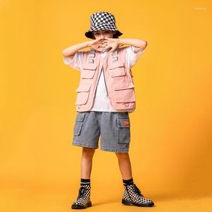 Stage Wear Kids Hip Hop Clothing Roze mouwloze jas T -shirt Tops Streetwear Cargo Shorts For Girl Boy Jazz Dance -kostuumkleding