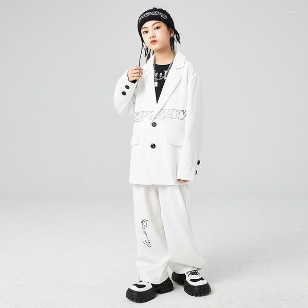 Stage Wear Enfants Hip Hop Vêtements Adolescent Blanc Blazer Veste Top Street Baggy Pantalon Pour Fille Garçon Jazz Danse Costume Vêtements Costume Ensemble 2 Pcs