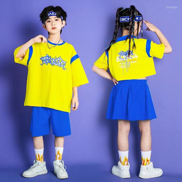 Stage Wear Enfants Hip Hop Vêtements Jaune T Shirt Tops Shorts Jupe Mini Pour Fille Garçon Jazz Costume De Danse Ensemble Cheerleading Montrant Des Vêtements