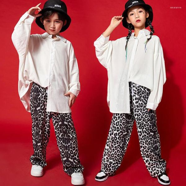 Ropa de escenario para niños, ropa de baile de Hip Hop, camisa de gran tamaño, Tops, pantalones de leopardo, trajes de espectáculo de Jazz para niñas, niños, ropa de traje de baile