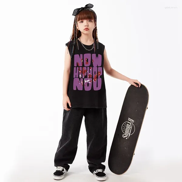 Escenario desgaste niños hip hop kpop mostrando ropa impresión chaleco sin mangas streetwear denim jeans pantalones para niñas niños jazz danza traje ropa