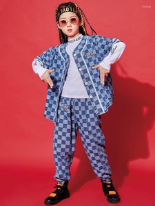 Stage Wear Kids Jazz Kostuum Blue Lattice Denim Shirts broek Korte mouwen Hip Hop Dance Dans Clothing Boys Street Girls Rave DNV16076