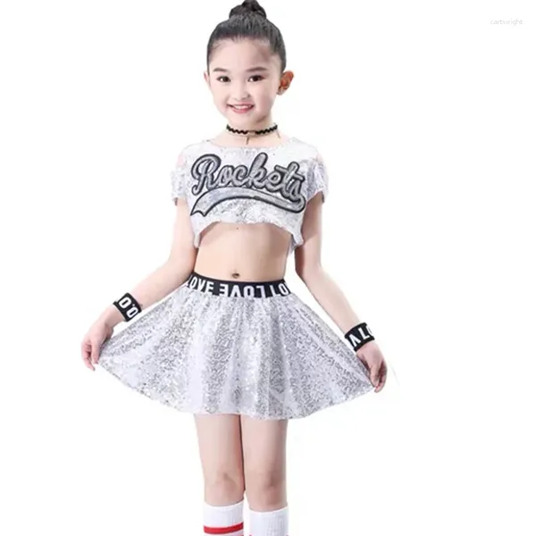 Ropa de escenario Niños Traje de baile de jazz Vestidos de hiphop para niñas Rendimiento Disfraces de animadora Conjunto de falda superior de lentejuelas holográficas