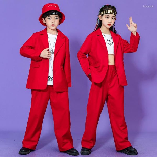 Escenario desgaste niños trajes de baile de jazz niños hip hop traje blazer chaqueta pantalones holgados trajes modernos kpop conjuntos adolescentes rojo negro blanco